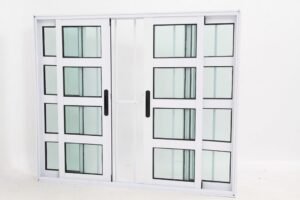 Janela Travessa em Alumínio Branco com 4 folhas e Grade