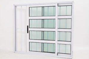 Janela Travessa em Alumínio Branco com 2 folhas com Grade - Premium