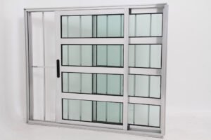 Janela Travessa em Alumínio Brilhante com 2 folhas com Grade - Premium